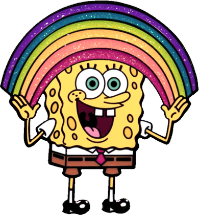 A pin of SpongeBob extending his arms to show a rainbow.